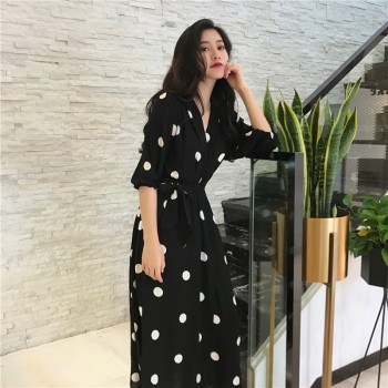 Fashion V-neck Ladies Long Dress Casual Half Sleeve Dot Black